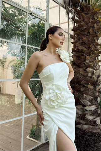 Larissa Çiçek Tasarım Yırtmaçlı Abiye 4703 BEYAZ