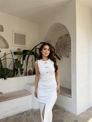 Lee Aksesuar Detaylı Sıfır Kol Midi Elbise 13467 BEYAZ