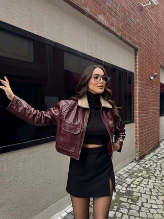 Leona Yaka Peluş Detay Ceket 2596 BORDO