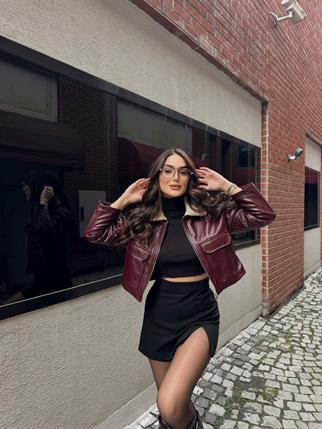 Leona Yaka Peluş Detay Ceket 2596 BORDO