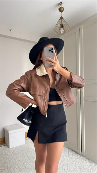 Leona Yaka Peluş Detay Ceket 2596 KAHVE