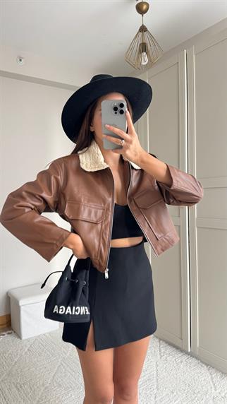 Leona Yaka Peluş Detay Ceket 2596 KAHVE