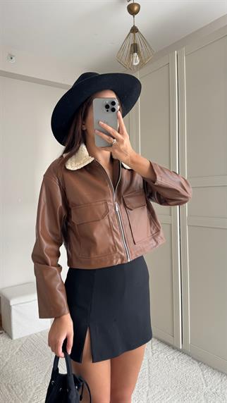 Leona Yaka Peluş Detay Ceket 2596 KAHVE
