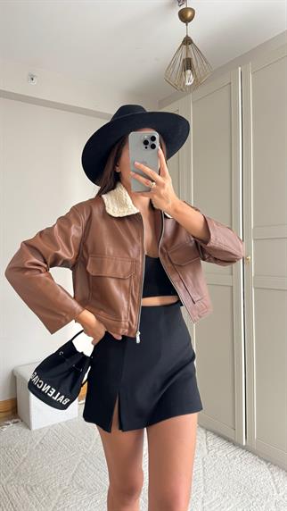 Leona Yaka Peluş Detay Ceket 2596 KAHVE
