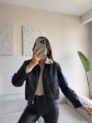 Leona Yaka Peluş Detay Ceket 2596 SİYAH