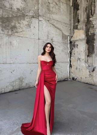 Leya Straplez Kadife Abiye 583115 KIRMIZI