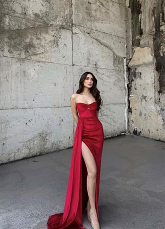 Leya Straplez Kadife Abiye 583115 KIRMIZI