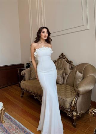 Leysa Straplez Yaka Çicek Detay Abiye 4695 BEYAZ