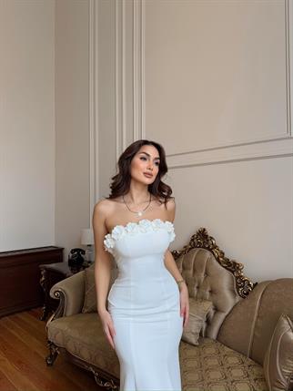 Leysa Straplez Yaka Çicek Detay Abiye 4695 BEYAZ