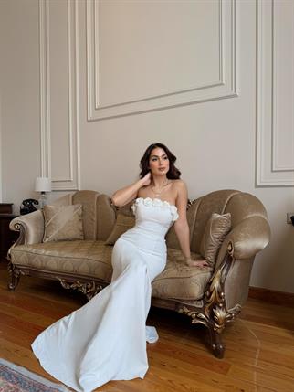 Leysa Straplez Yaka Çicek Detay Abiye 4695 BEYAZ