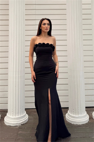 Leysa Straplez Yaka Çicek Detay Abiye 4695 LACİVERT