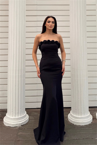 Leysa Straplez Yaka Çicek Detay Abiye 4695 LACİVERT