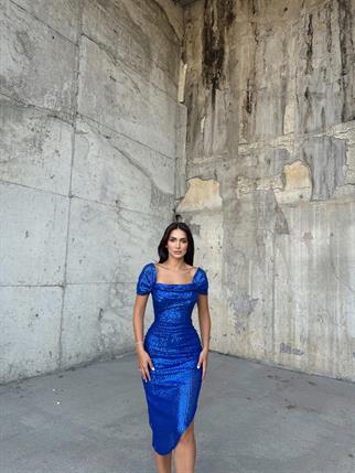 Lianna Degaje Yaka Midi Elbise 3896 SAKS MAVİSİ