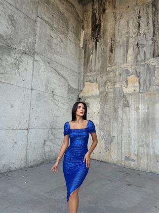 Lianna Degaje Yaka Midi Elbise 3896 SAKS MAVİSİ