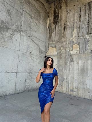 Lianna Degaje Yaka Midi Elbise 3896 SAKS MAVİSİ