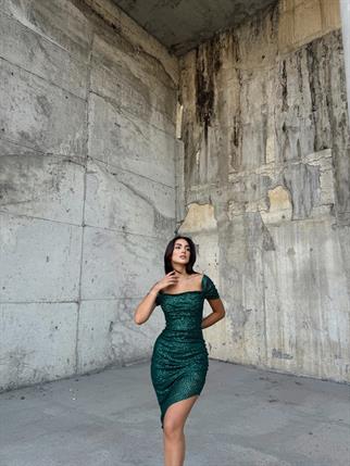 Lianna Degaje Yaka Midi Elbise 3896 ZÜMRÜT YEŞİLİ