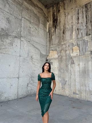 Lianna Degaje Yaka Midi Elbise 3896 ZÜMRÜT YEŞİLİ