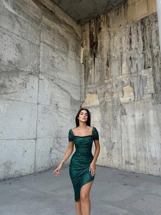 Lianna Degaje Yaka Midi Elbise 3896 ZÜMRÜT YEŞİLİ