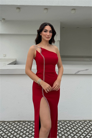 Lora Zincir Askı Detay Yırtmaçlı Abiye 1003