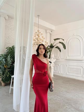 Lowell Tek Omuz Güllü Abiye 583171 KIRMIZI