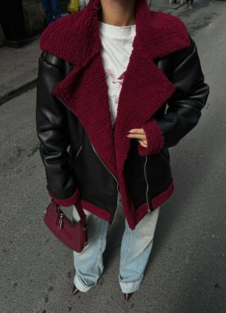 Lua İçi Kürklü Oversize Deri Kaban 9563 SİYAH