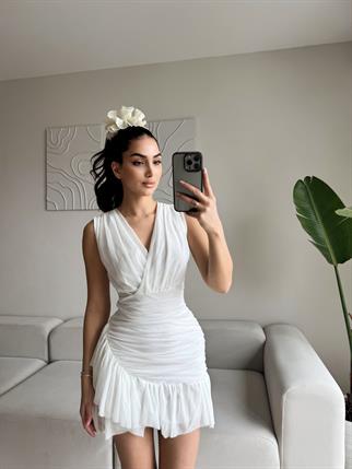 Maria Fırfır Detay Tül Elbise 9400 BEYAZ
