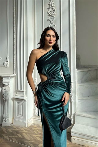 Marin Kadife Tek Kol  Ayarlanabilir Pencere Detaylı Abiye 9299 ZÜMRÜT