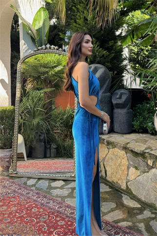 Marin Kadife Tek Kol  Ayarlanabilir Pencere Detaylı Abiye 9299 TURKUAZ