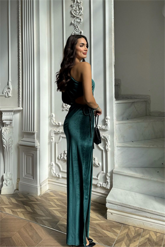 Marin Kadife Tek Kol  Ayarlanabilir Pencere Detaylı Abiye 9299 ZÜMRÜT