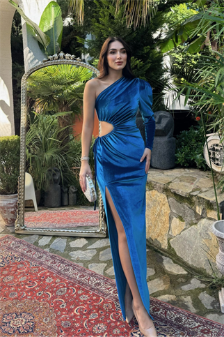 Marin Kadife Tek Kol  Ayarlanabilir Pencere Detaylı Abiye 9299 TURKUAZ