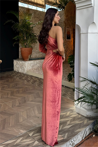 Marin Kadife Tek Kol  Ayarlanabilir Pencere Detaylı Abiye 9299 NAR ÇİÇEĞİ