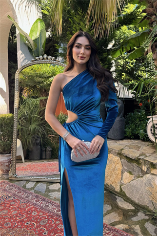 Marin Kadife Tek Kol  Ayarlanabilir Pencere Detaylı Abiye 9299 TURKUAZ