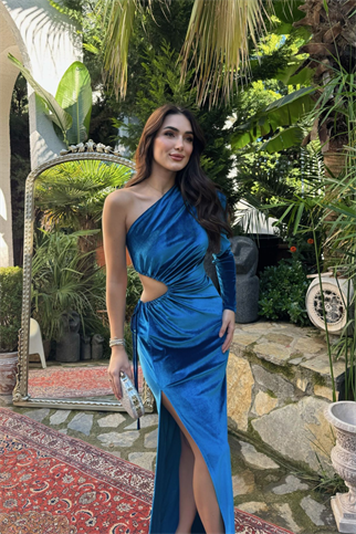 Marin Kadife Tek Kol  Ayarlanabilir Pencere Detaylı Abiye 9299 TURKUAZ