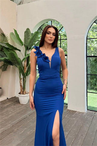 Mayla Çiçek Detay Yırtmaçlı Abiye 4700 SAKS MAVİSİ