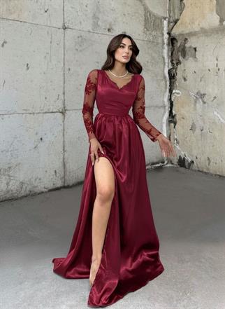 Melek Güpür Detay Saten Abiye 16326 BORDO