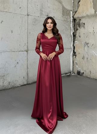 Melek Güpür Detay Saten Abiye 16326 BORDO