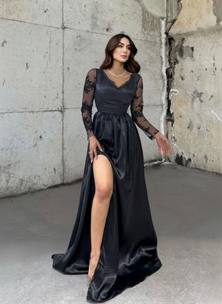 Melek Güpür Detay Saten Abiye 16326 SİYAH