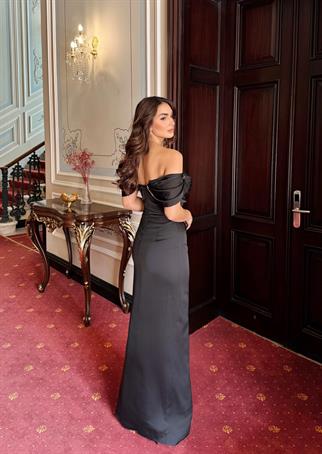 Meris Kol Taş Detay Yırtmaçlı Abiye 4691 SİYAH