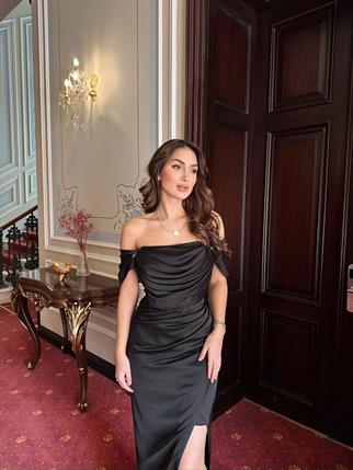 Meris Kol Taş Detay Yırtmaçlı Abiye 4691 SİYAH