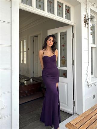 Mine İp Askı Yırtmaçlı Simli Abiye 58249 MOR