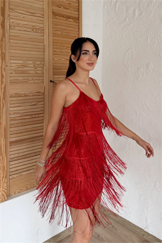Modia Saçaklı Mini Elbise 9350 KIRMIZI