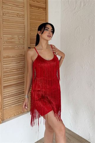Modia Saçaklı Mini Elbise 9350 KIRMIZI