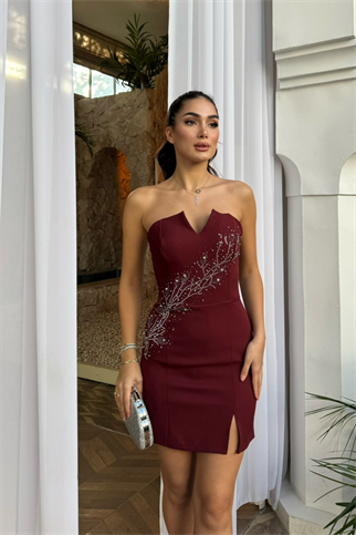 Narin Taş Detay İşlemeli Mini Elbise 9369 BORDO