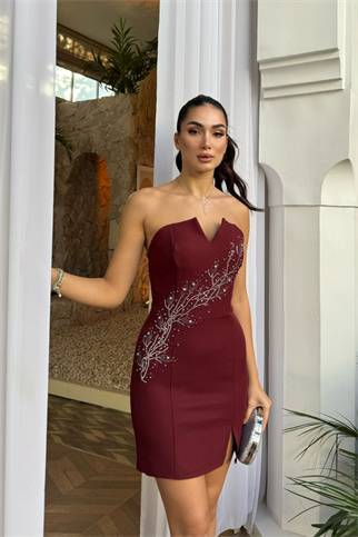 Narin Taş Detay İşlemeli Mini Elbise 9369 BORDO