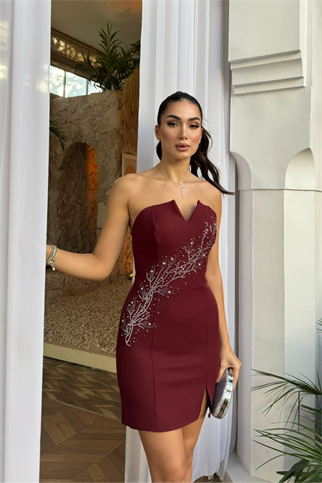Narin Taş Detay İşlemeli Mini Elbise 9369 BORDO