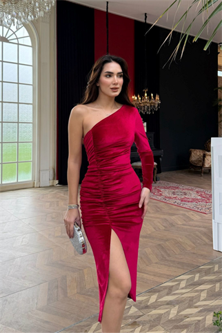 Nars Tek Kol Yırtmaçlı Kadife Elbise 582247 BORDO