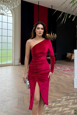 Nars Tek Kol Yırtmaçlı Kadife Elbise 582247 BORDO