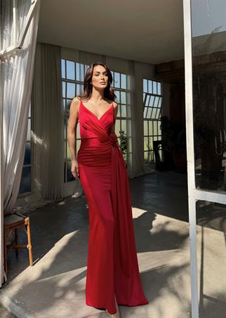 Nathalie İp Askılı Çiçek Tasarım Abiye 1018 KIRMIZI