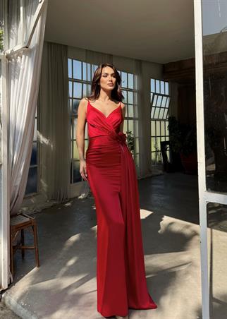 Nathalie İp Askılı Çiçek Tasarım Abiye 1018 KIRMIZI