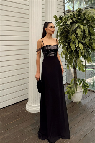 Nea Payetli Kol Saçaklı Abiye 24758 SİYAH